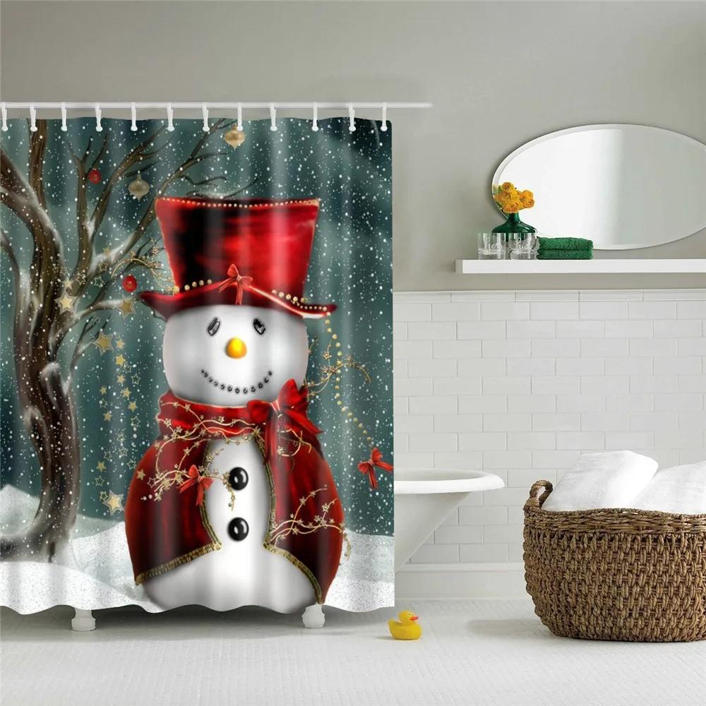 Merry Christmas Shower Curtains New Year Santa Bathroom Decor Bath Curtain Cartoon Snowman Elk Bath Bathroom Curtains