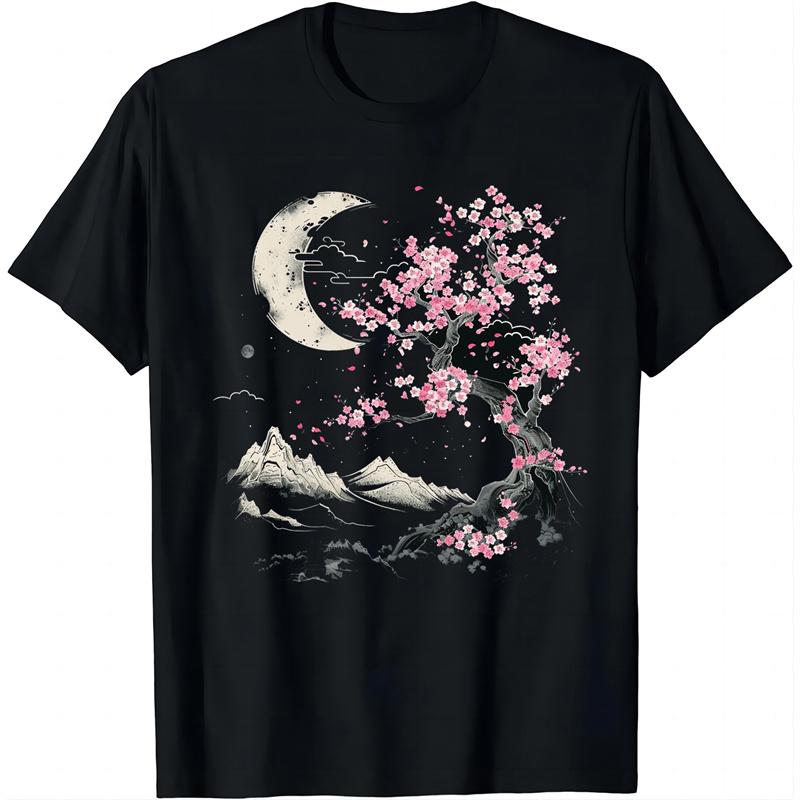 Peach Blossom Pattern TShirt For Unisex Mountain Moon 3D Printed Tees Summer Casual Loose Short Sleeve ONeck Tops Unisex T Shirts