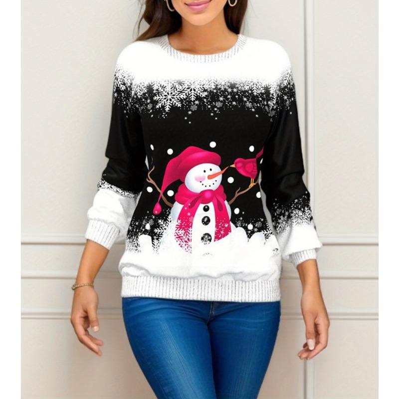Casual Christmas Party Shirt with Snowman and Penguins Print, Long Sleeve Thin O-Neck