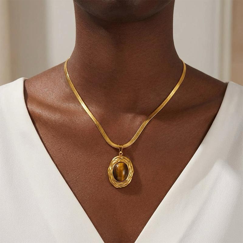 18K Gold Plated Titanium Steel Necklace Women Light Luxury Colorful Oval Stone Pendant Jewelry