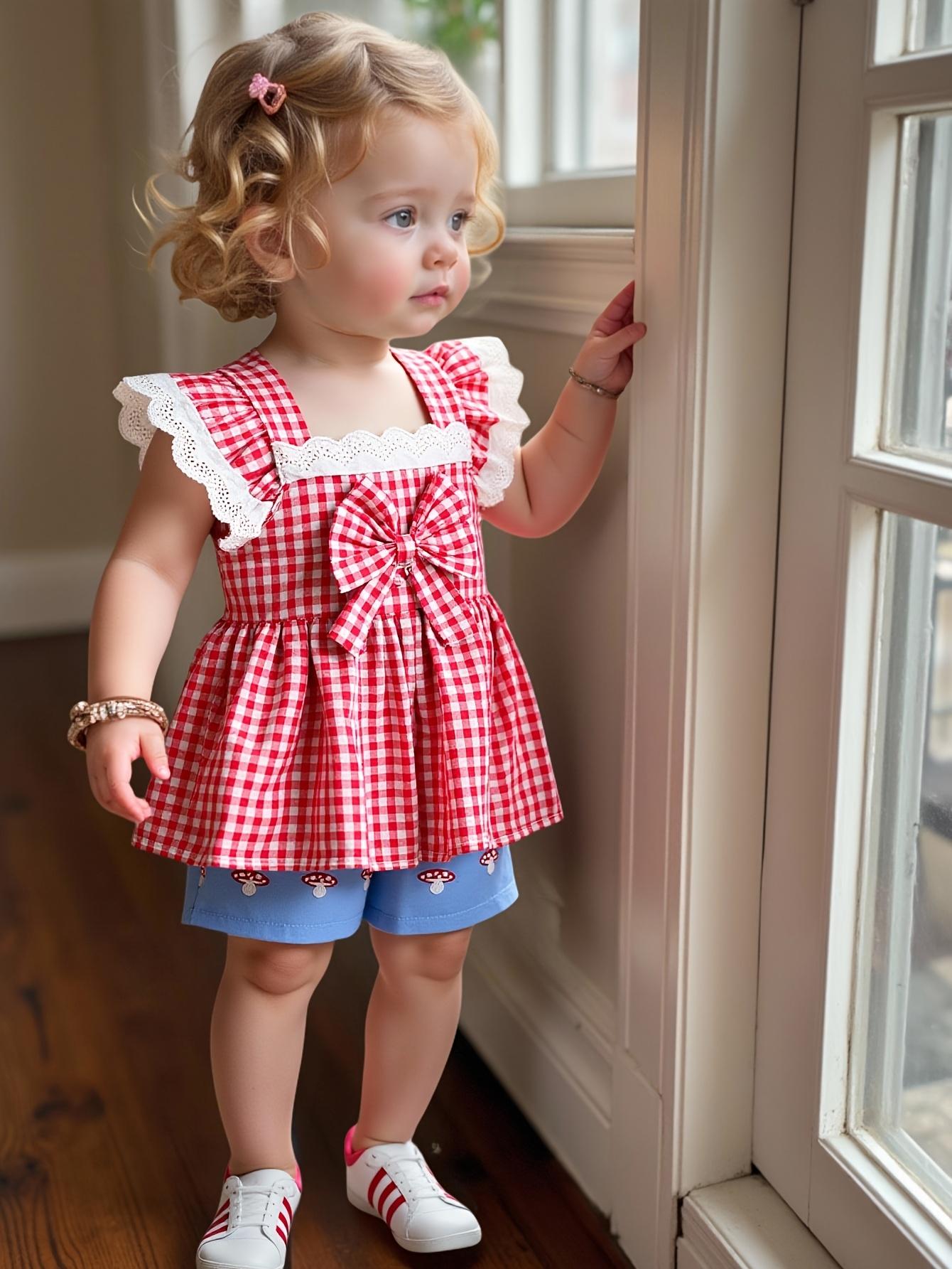 Summer Baby Girl Checkered Lace Trimmed Short Sleeve Two Piece Set with Bow and Mushroom Embroidery 9-12M