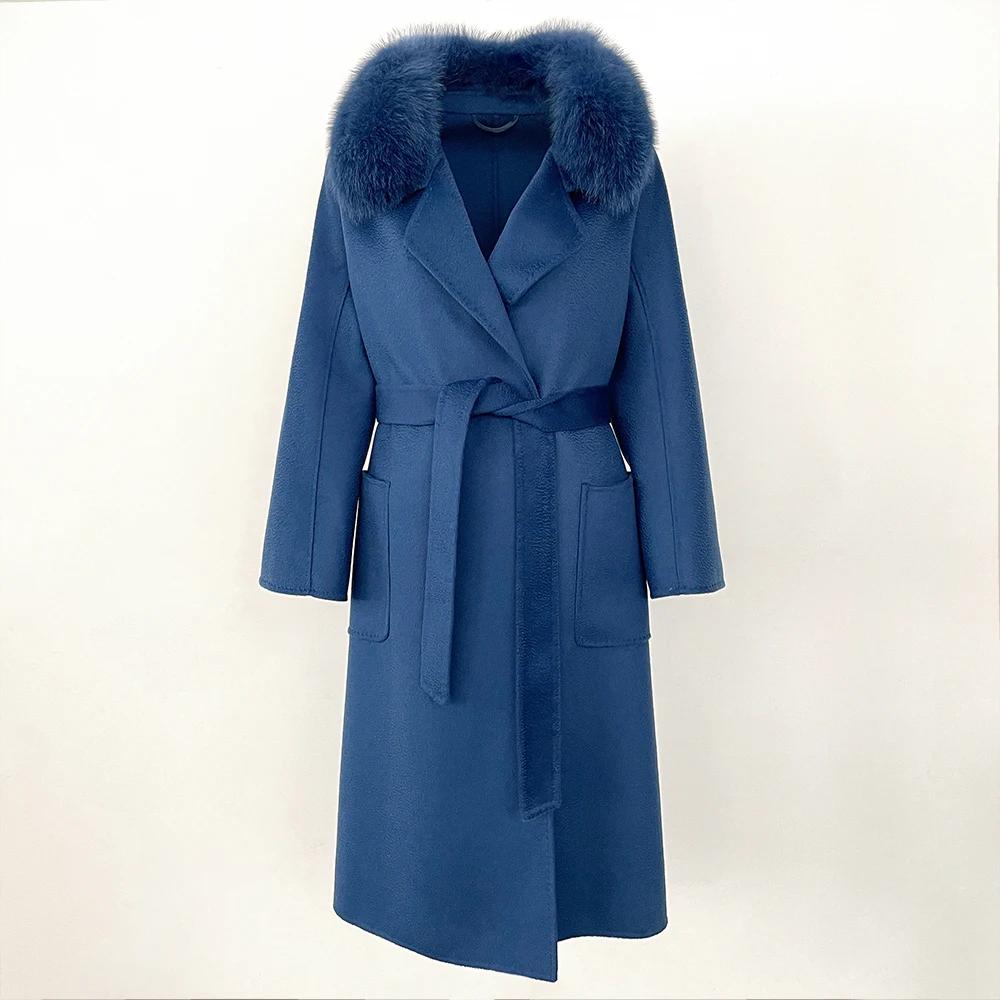 

OFTBUY 2024, осенне-зимнее двустороннее шерстяное пальто с воротником из натурального лисьего меха, женское длинное пальто из 100% шерсти со съемным меховым воротником L морской синий
