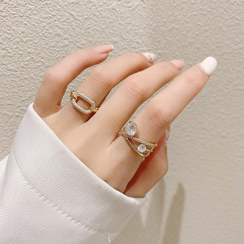 New Goth Hollow Out Square Metal Gold Color Zircon Open Ring For Woman Fashion Shining Jewelry Student Party Luxury Unusual Ring