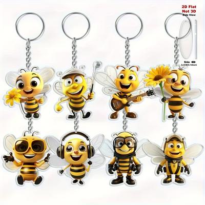 Llavero plano 2D de abeja de 8 piezas, llavero con tema de abeja de dibujos animados lindo, colgante decorativo.