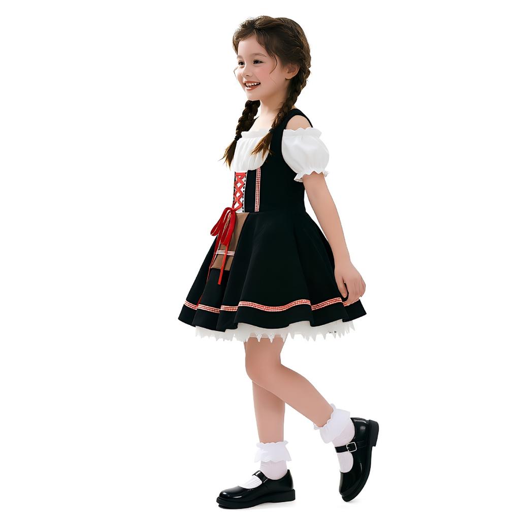 Girls Traditional Festival Dress Costume Kids Bavarian Style Party Outfit with Puff Sleeves and Apron for Celebrations and Events