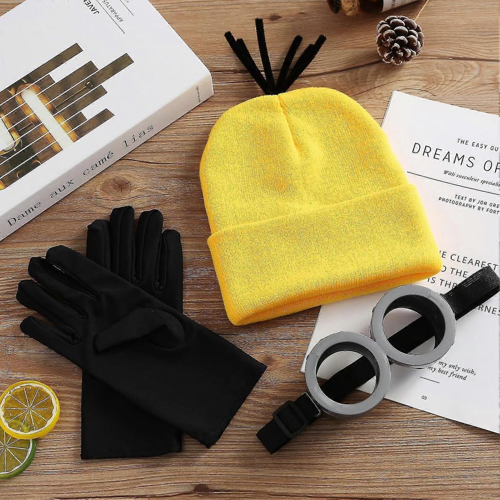 3PCS Costume Accessories Adult Yellow Beanie Knit Hats Steampunk Goggles Glasses Black Gloves Halloween Cosplay Party