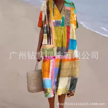 New Loose Casual Comfortable V-neck Digital Printing Pleated Large Version Dress