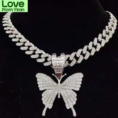 Herr Damer Hip Hop Iced Out Bling Fjäril Hängsmycke Halsband Med 13mm Miami Kubansk Länk Hiphop Halsband Mode Charm Smycken