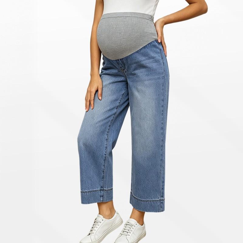 Maternity High-Waist Straight Leg Denim Pants With Tummy Support Mid-Calf Length Stretchy Cotton Blend Daily Wear