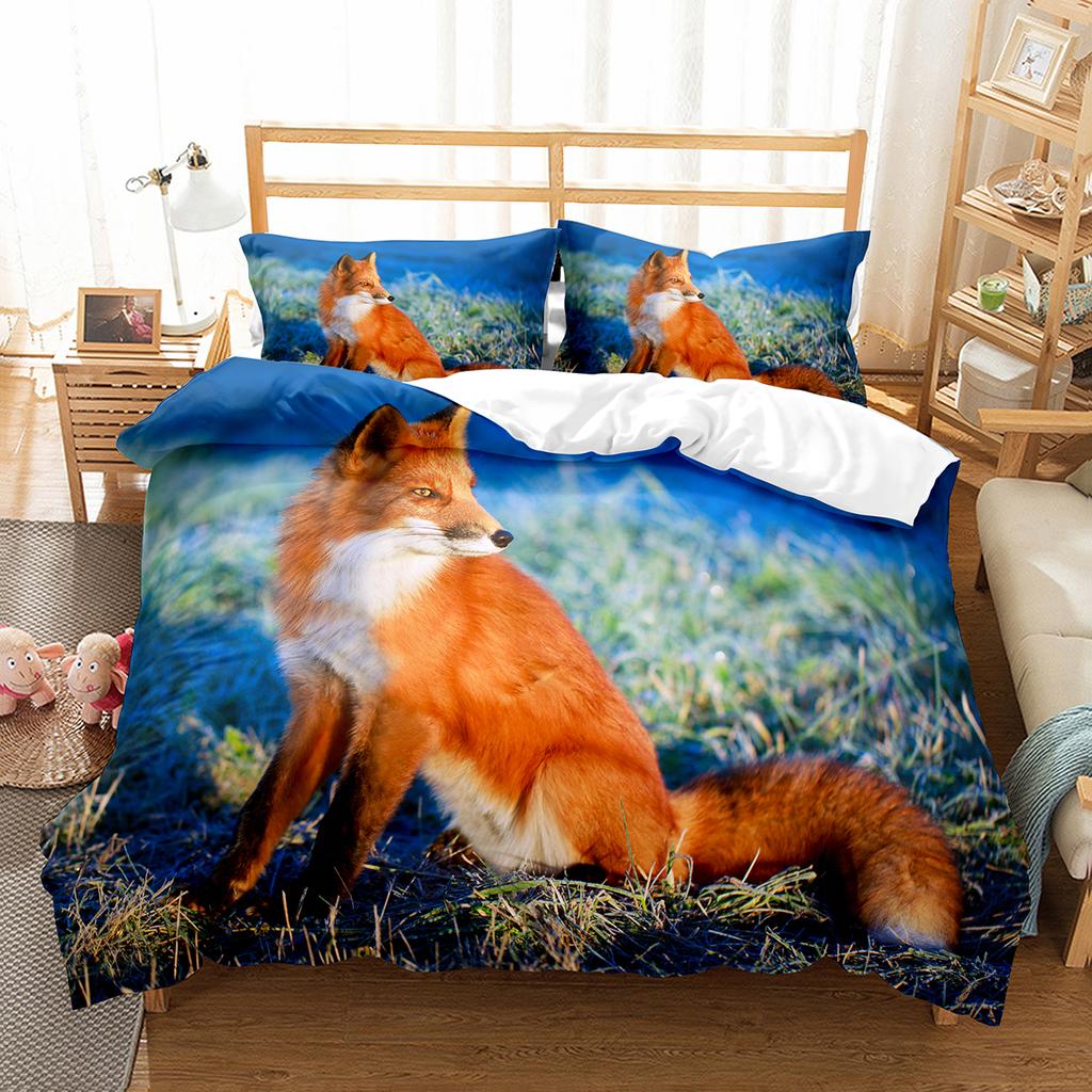 Fox Duvet Cover Set Cartoon Cute Fox Polyester Comforter Cover King Queen Full Size For Kid Boy Girl Bedding Set With Pillowcase