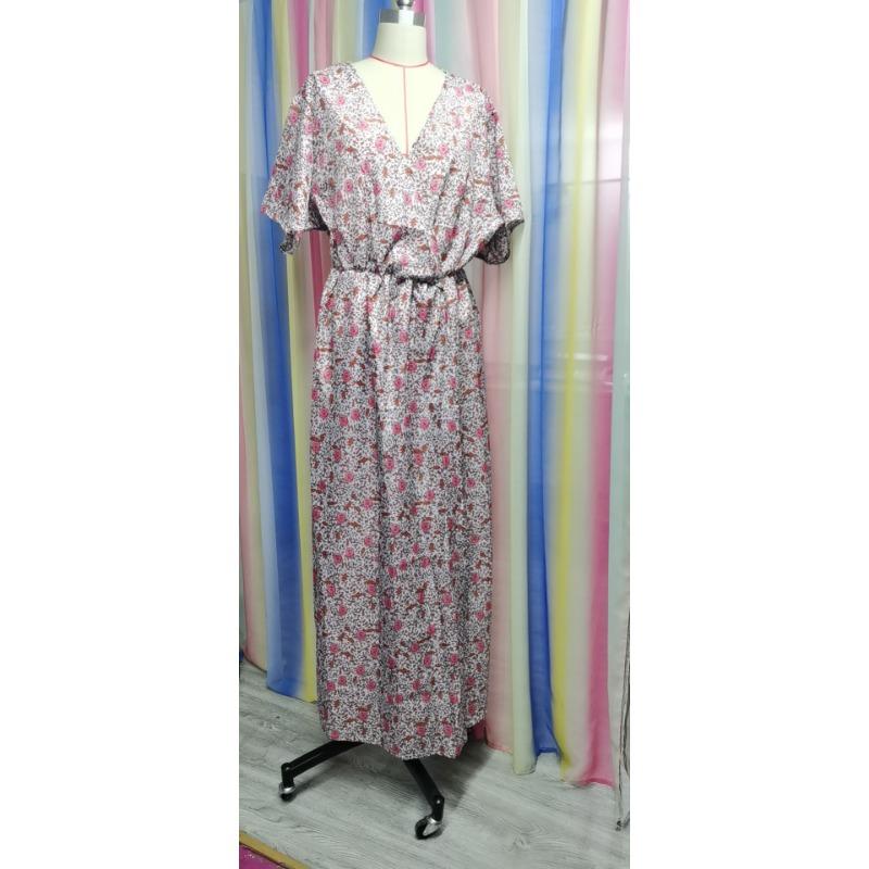 Women's Boho Print Short Sleeve High Waist Patchwork V-neck Beach Holiday Slimming Dress