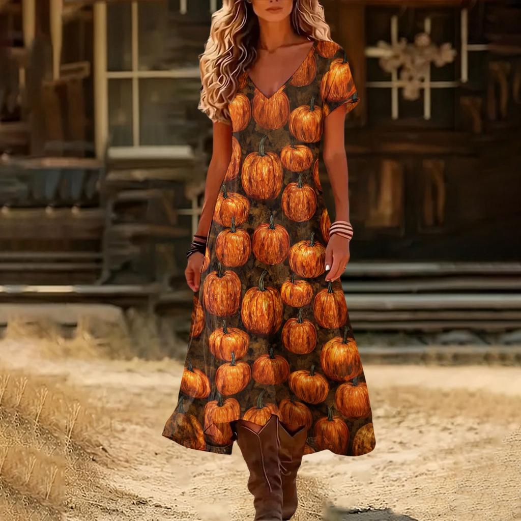 Womens V Neck Short Sleeve Midi Dress Halloween Pumpkin Print Vintage Style Casual Beach Wear Split Hem Summer Dress