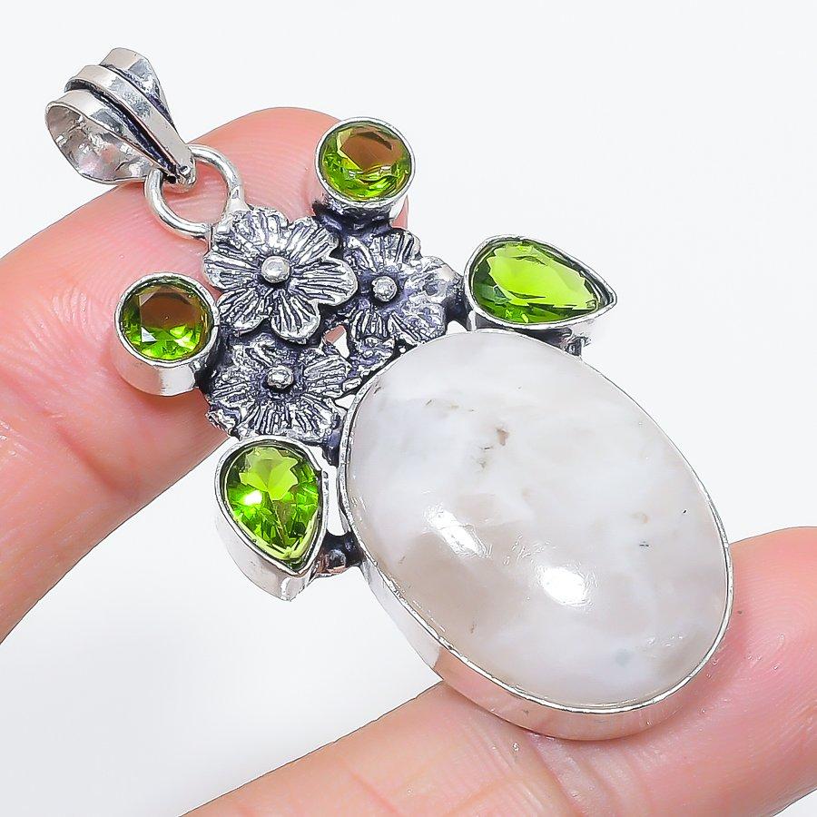 Natural Moonstone, Peridot 925 Sterling Silver Jewelry Pendant 2.21" i1b88