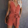 Lady Jumpsuit Effen Kleur Knoppen V-hals Mouwloos Dames Romper voor dagelijks gebruik