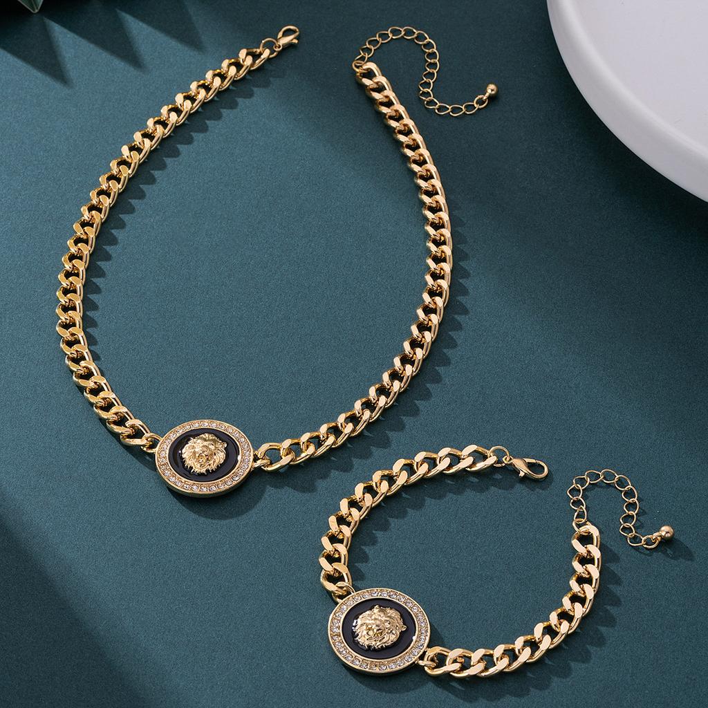 Trendy Lion Head Diamond Pendant Necklace Bracelet Stud Earrings Trendy Personality Jewelry Set