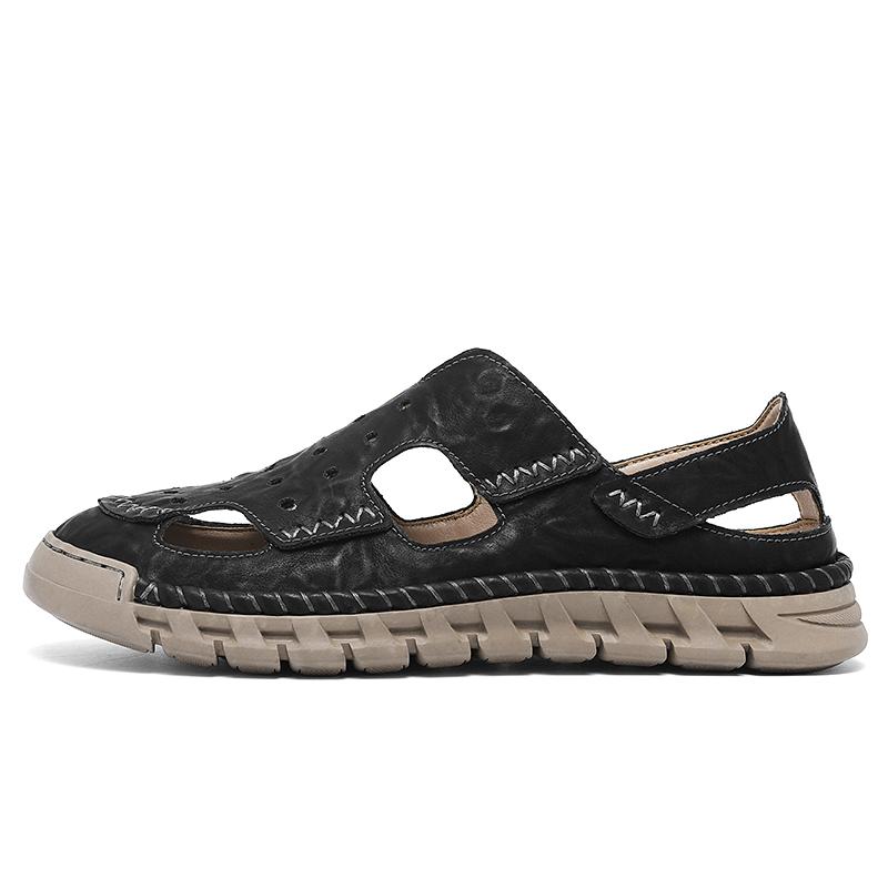 Sommer Neuankömmling Handgefertigte Leder Outdoor Herren Sandalen Atmungsaktiv Slip-On Freizeitschuhe Runde Zehenpartie Gummi-Außensohle Sandalen