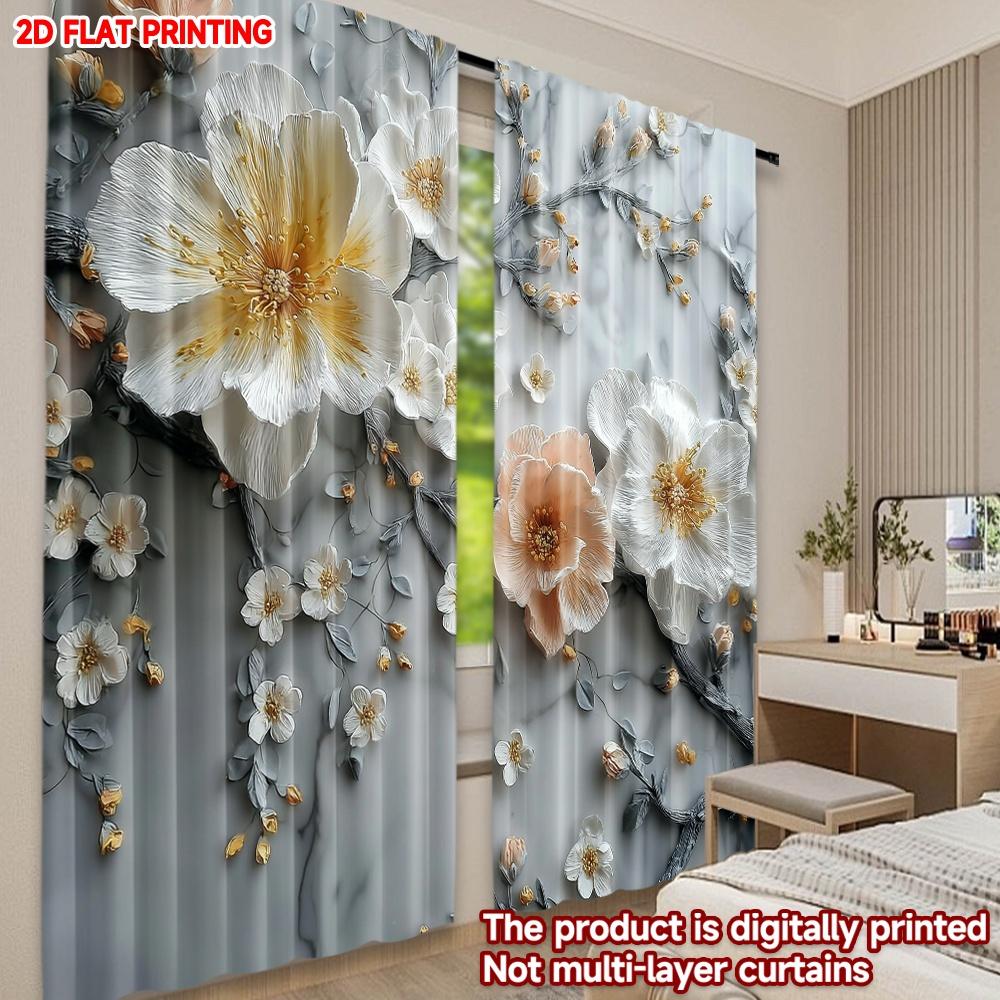 Set Of 2 Large Floral Curtains Delicate White Pink Blossoms Golden Accents Lightweight Bedroom Living Room Curtain Light Filtering Polyester Ideal For
