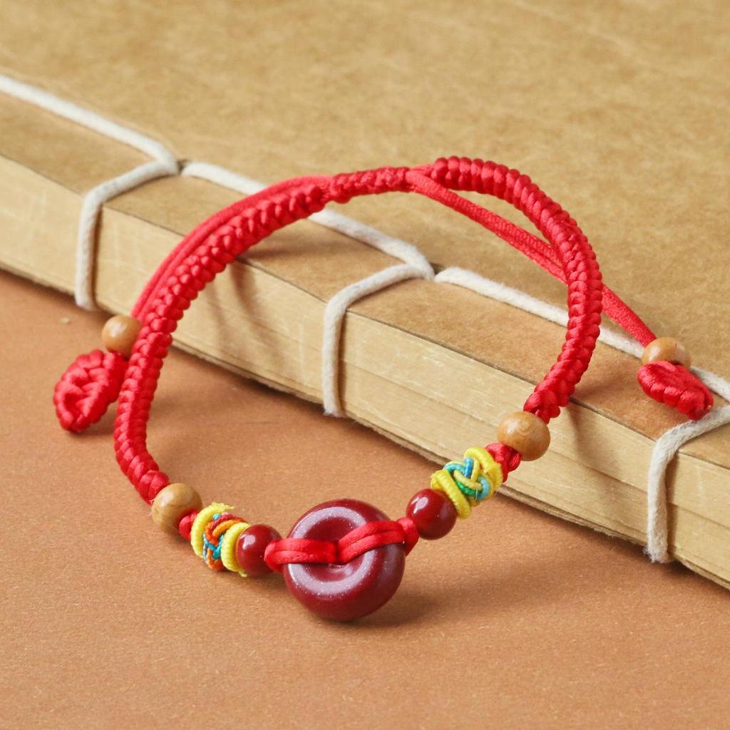Cinnabar Peace Buckle Red Hand Rope Bracelet: Peach Wood Charm for Children, Pregnant Women, and Men & Women - Handmade Gift