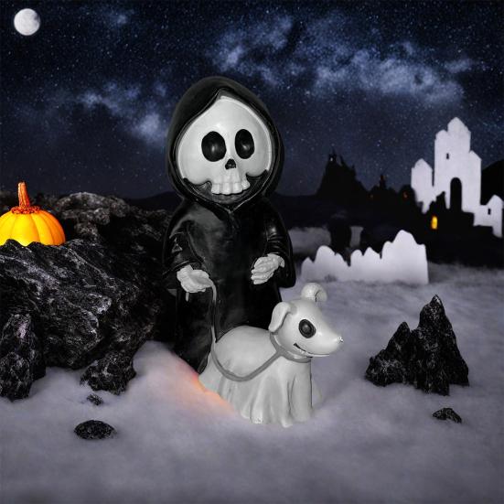 Halloween Ornament Skull Grim Reaper Walking Dog Figurine Decorative Skeleton Statue Courtyard Balcony Garden Sculpture