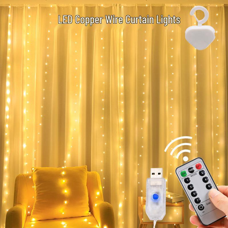 3x3m 300 LED Copper Wire Curtain Lights, USB Remote Controlled Christmas Fairy Lights