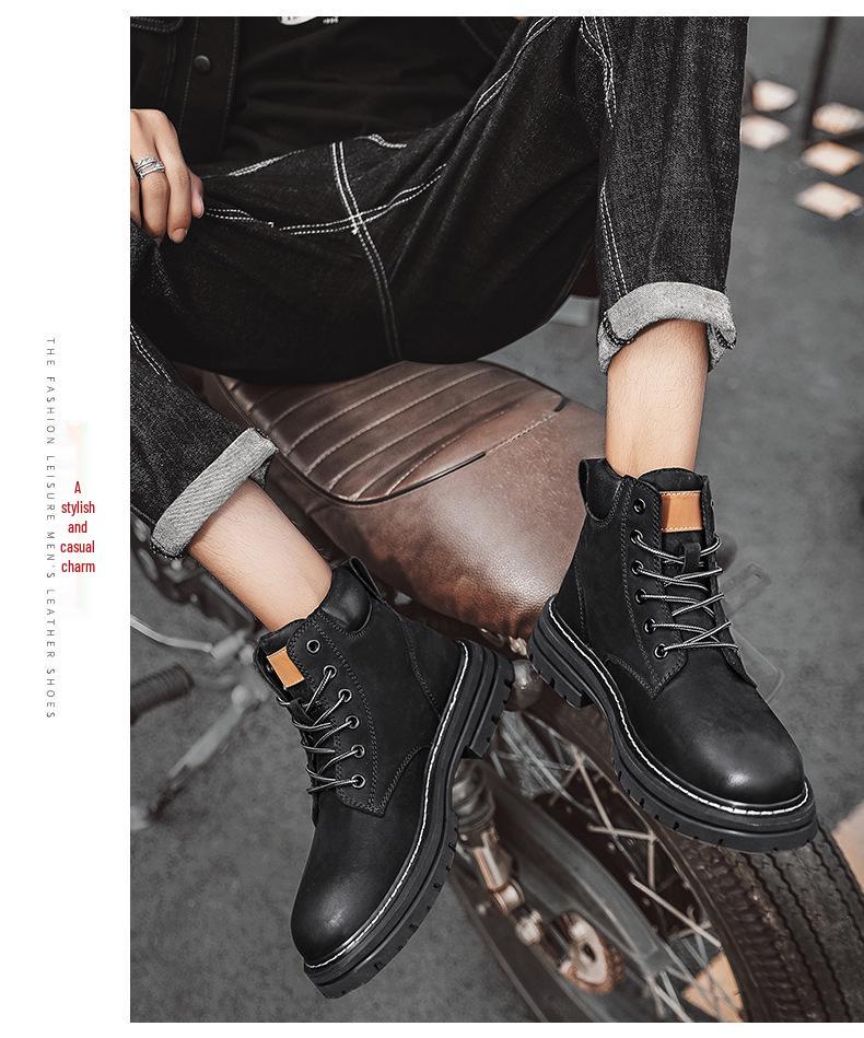 Men's Yellow Ins Style Leather Boots - High-Top, Plus Velvet, Autumn/Winter, Martin Boots for Couples