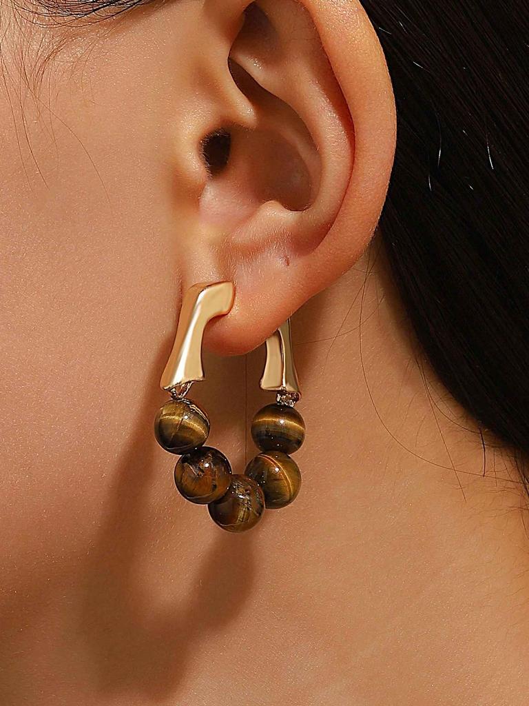 1 Pair Vintage Western Style Minimalist Round Bead Hoop Earrings, Unique Design Fashion Jewelry For Women, Suitable For Daily Wear & Vacation