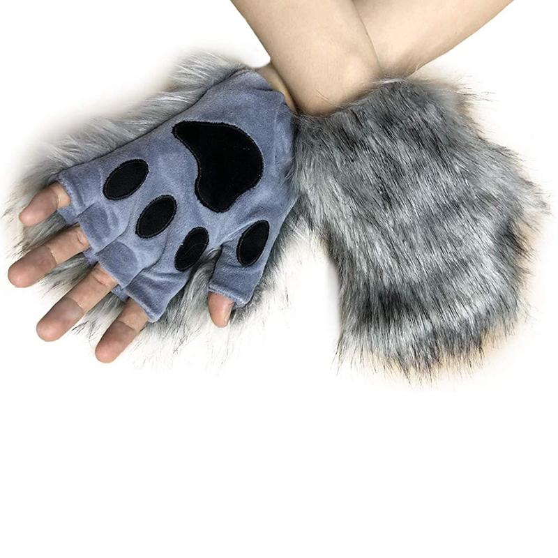 Rukavice s vlčí tlapou Faux Fur Kočičí bezprsté palčáky Zimní teplé Cosplay Halloweenské maškarní party Kostýmní doplňky