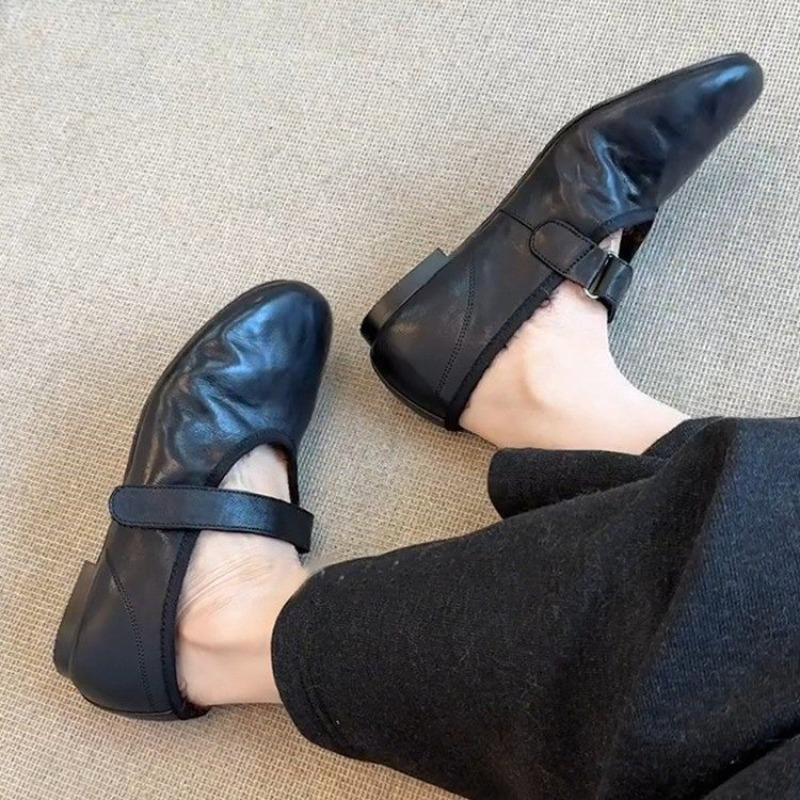 

Soft Leather Soft Sole Mom Shoes Autumn New Round Toe Shallow Mouth One Strap Non-slip Low Top Shoes 35 чёрный