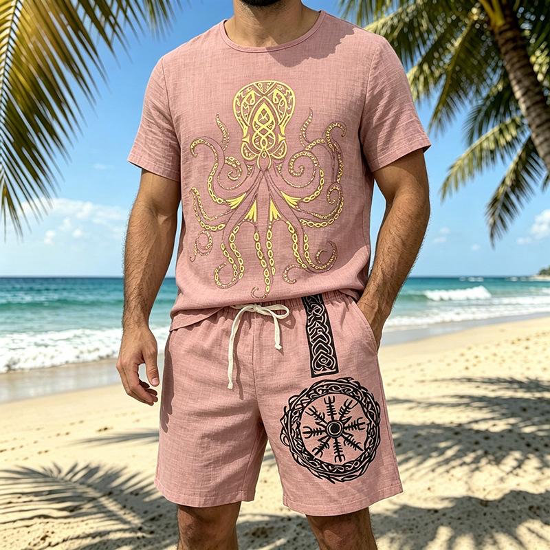 Men Viking Faith Octopus Print Loose Short Sleeve T Shirt And Shorts Two Piece Set