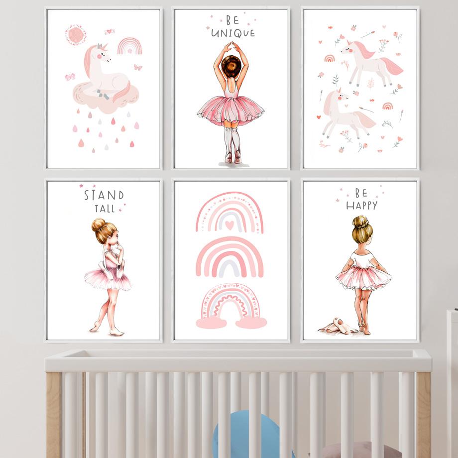 Pink Ballet Girl Rainbow Unicorn Shoes Nursery Wall Art Canvas Painting Posters And Prints Pictures For Baby Kids Room Decor