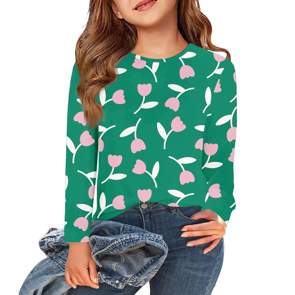Children's Long Sleeve Tops Casual Print T Shirt Round Neck Pullover Blouse