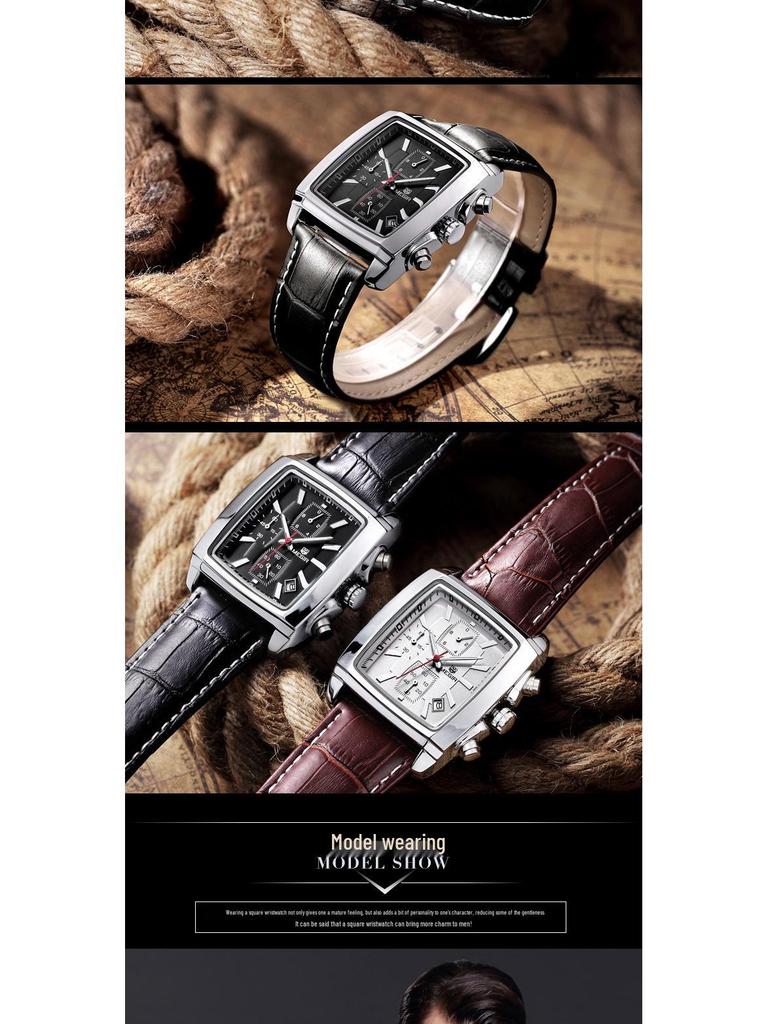 Megir 2028 Fashionable Retro Men's Chronograph Square Leather Watch