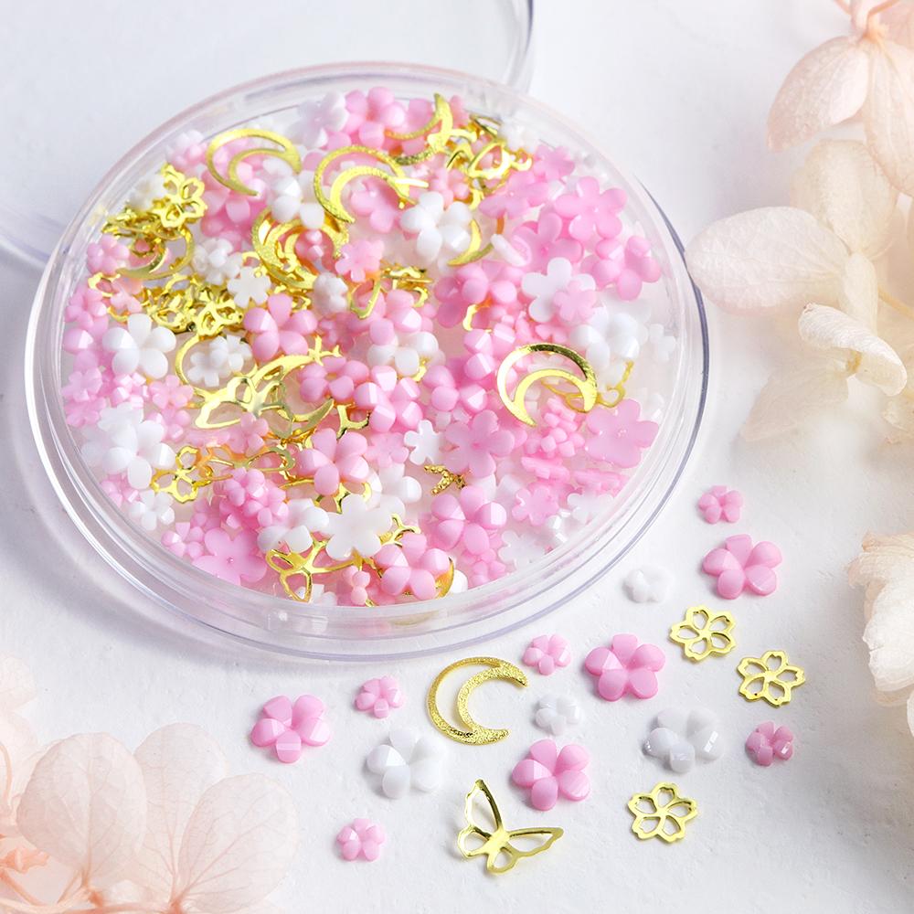 1box Luxury Pink White 3D Mini Acrylic Flower Rivet Nail Art Charms Mixed Metal Flower Butterfly Nails Decoration Accessories