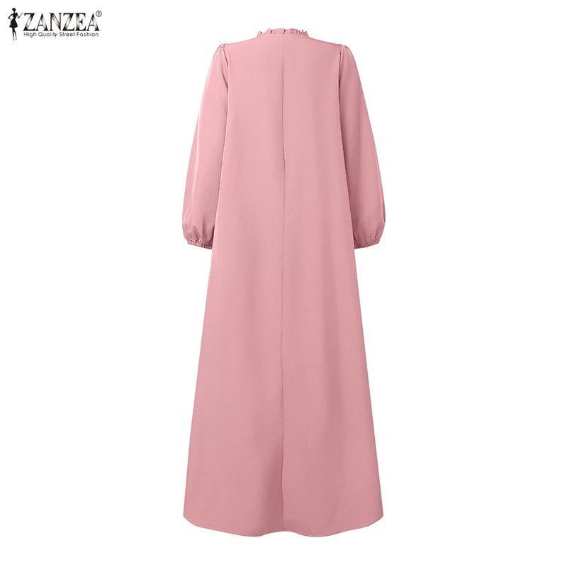 ZANZEA Rochie lungă pliată cu mâneci lungi, lejer, cu gât rotund