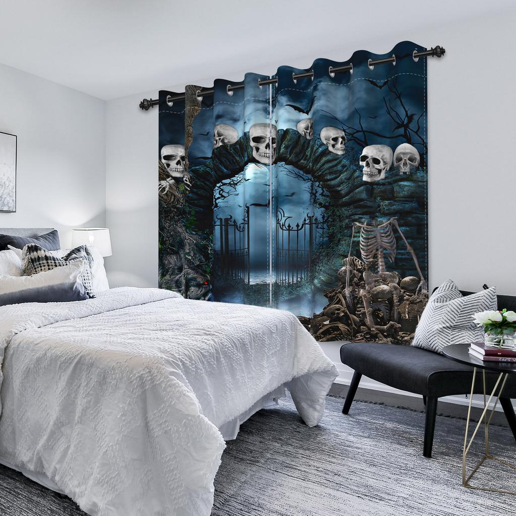 2pcs/set Horror Halloween Window Curtain Night Gate Skeleton Home Bedroom Living Room Decor Blackout Polyester Fabric Curtains