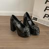 Super high heel Mary Jane shoes women's thick heel one-word buckle waterproof table single shoes small leather shoes nude high heels