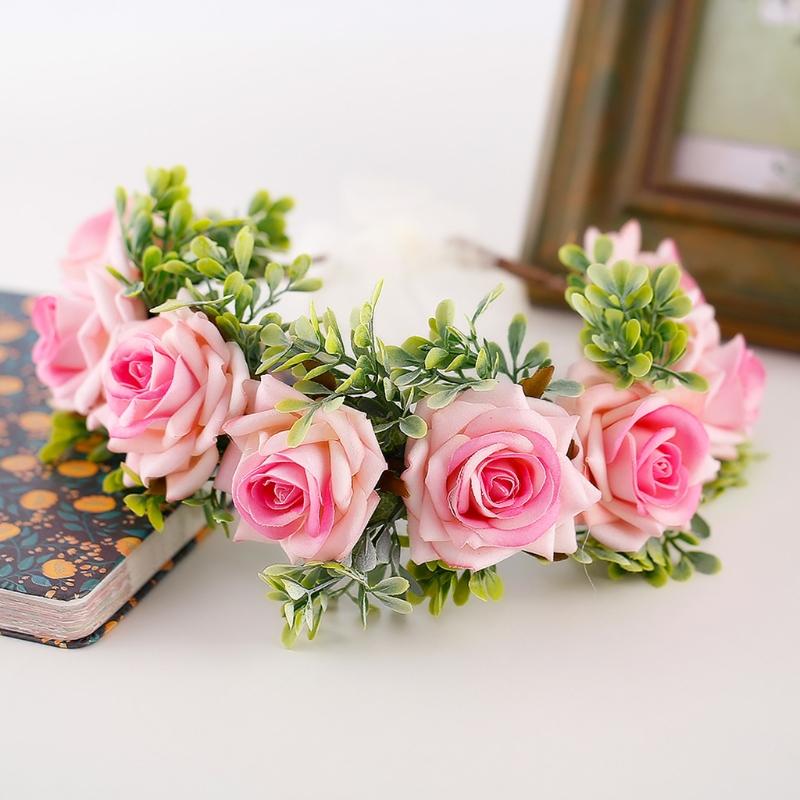 Adjustable Floral Garland Handmade Rose Flower Wreath Headband with Ribbon for Wedding Festival Travelling Photo Props