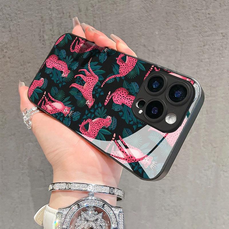 Pink Leopard Print Tempered Glass Phone Case For iPhone 16 15 14 13 12 11 17 Pro Max 17 Air 16E 7 Plus XR XS X Shockproof Cover