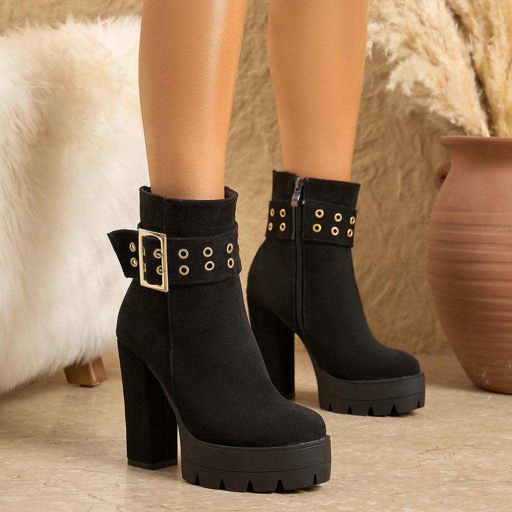 Women's Suede Chunky Heel Boots with Platform, Side Zipper, and Metal Decoration