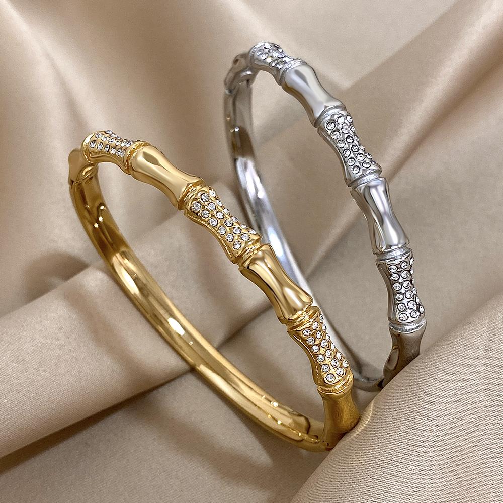 FLASHBUY Bamboo Stainless Steel Bangle, Gold Color, Inlay Rhinestone, Wrist Accessories, Statement Fashion, New Design