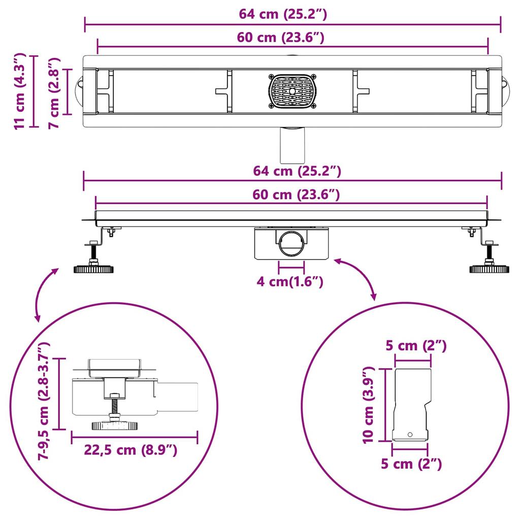 2 in 1 Shower Drain with 360 degrees Siphon Silver 60 cm Stainless Steel 304