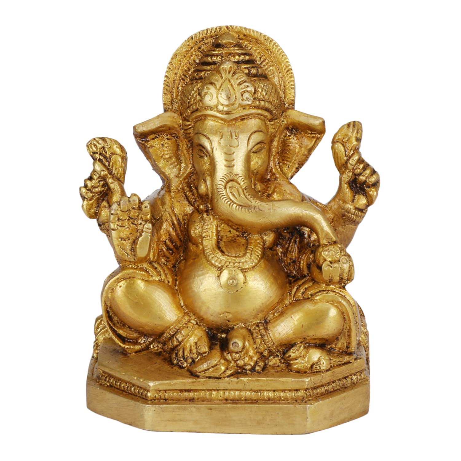 Pure Brass Ganesha Statue, Seated Lord Ganesh Murti In Golden Finish - 4 Inch