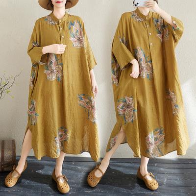 DIMANAF 2025 Neues Sommer Damen Leinen Vintage Übergröße Langes Kleid Druck Casual Blume Locker Kleid Maxi