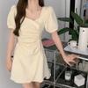 Summer Short Dress Solid Color Square Neck Waist Thin Bubble Sleeve Irregular Pleated Short Sleeve Dress