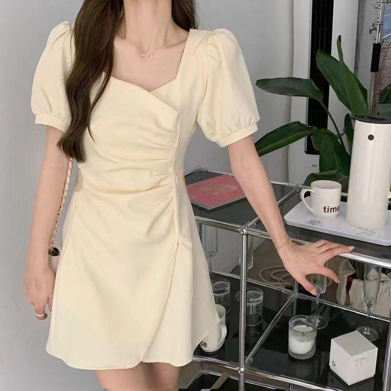 Summer Short Dress Solid Color Square Neck Waist Thin Bubble Sleeve Irregular Pleated Short Sleeve Dress