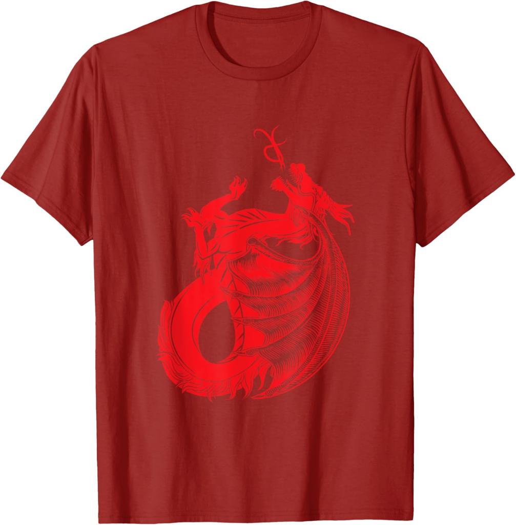 Red Mythical Dragon Graphic Print Cotton Crew Neck TShirt Casual Short Sleeve Tee for Men