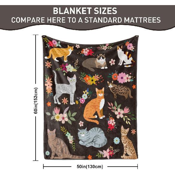 Cats Blanket Cat Present Soft Flannel Lightweight Cats and Flowers Throw Blanket for Kids Girls Boys All Season Cartoon Animals Blankets for Sofa