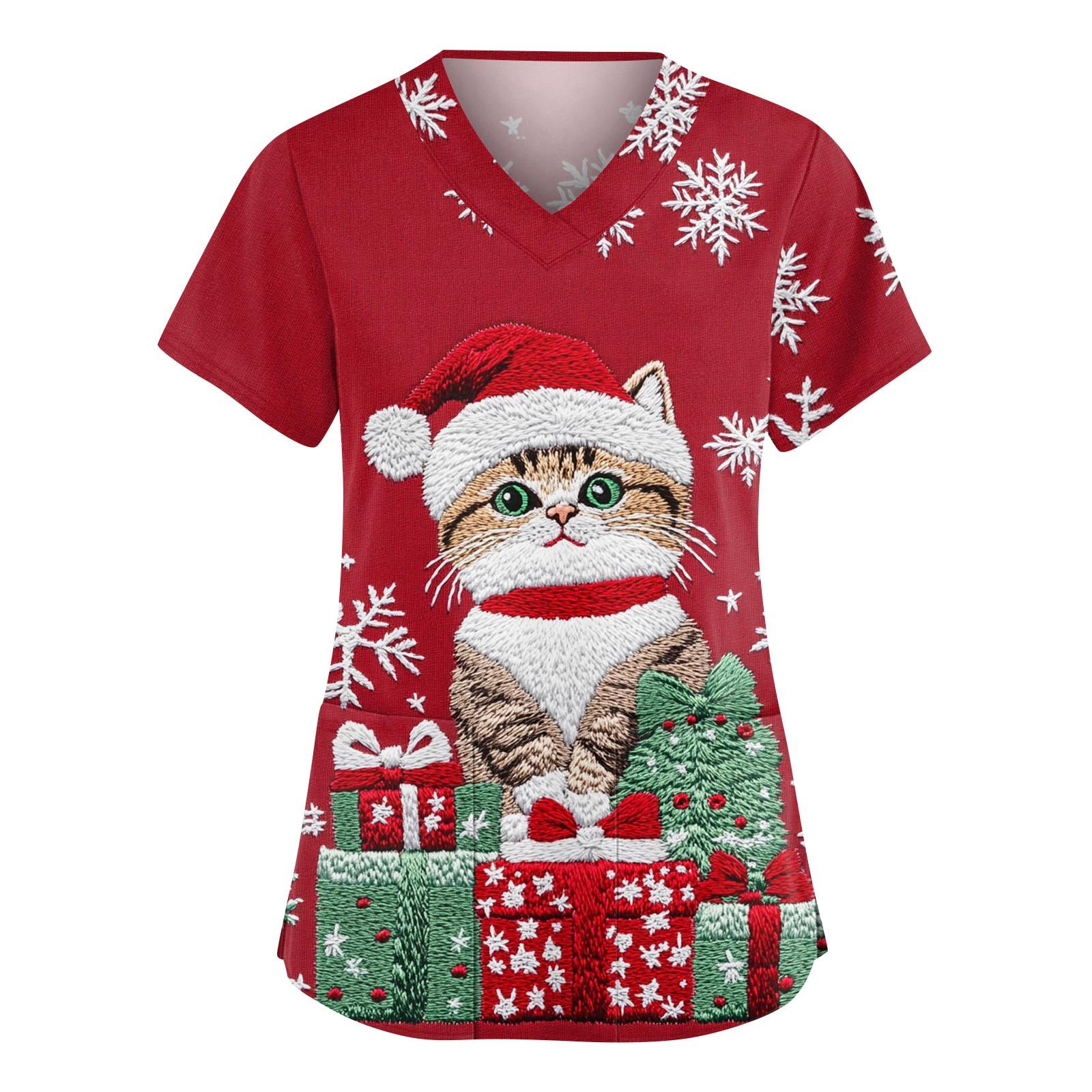 

Женский модный рабочий топ с V-образным вырезом, рождественским принтом, короткими рукавами, карманом, боковым разрезом, базовый пуловер L красный