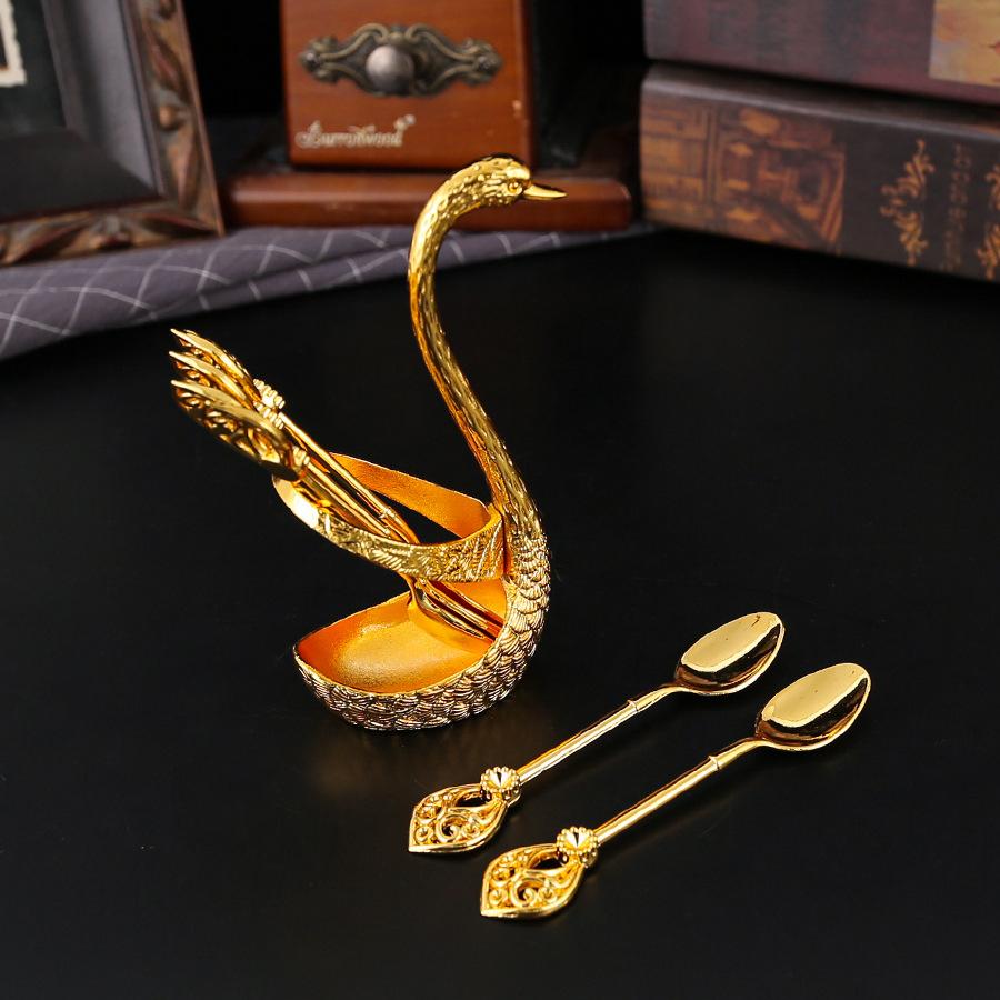 Vintage Swan Holder 6Pcs Dessert Coffee Spoon Set European Style Metal Cutlery Gold Silver Small Tea Spoon Home Table Decor Gift