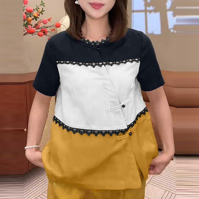 ZANZEA Women Casual Round Neck Short Sleeve Loose Patchwork Blouse